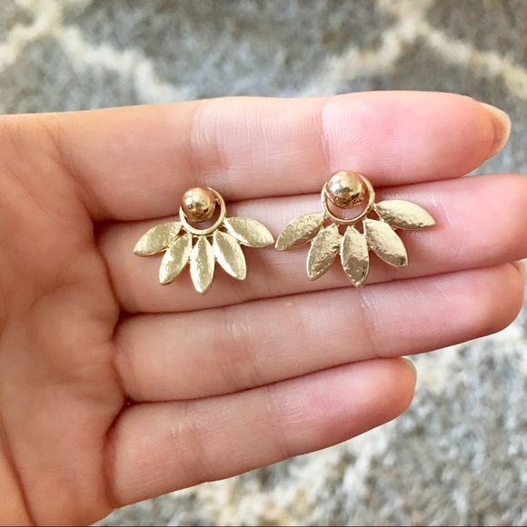 'Floret' Ear Jacket Minimalist Gold Stud Earrings - Picture 3 of 6